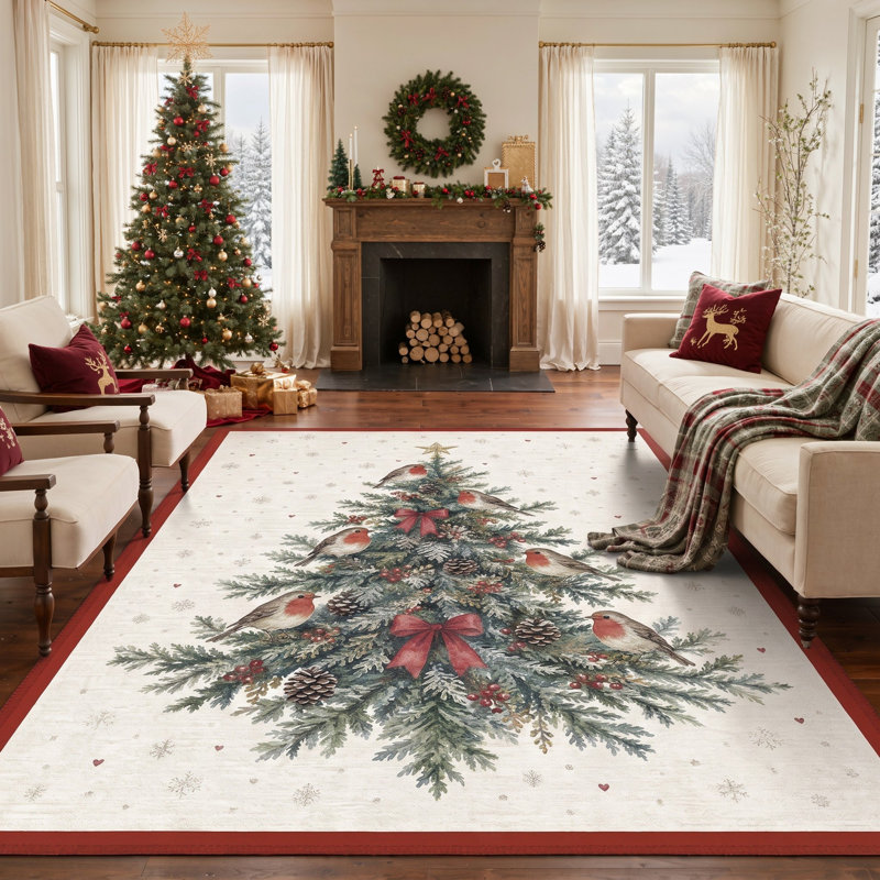 Tapis lavable à poils courts ivoire / vert Winter Birds & Pinecones, Rectangle 4 pi x 6 pi