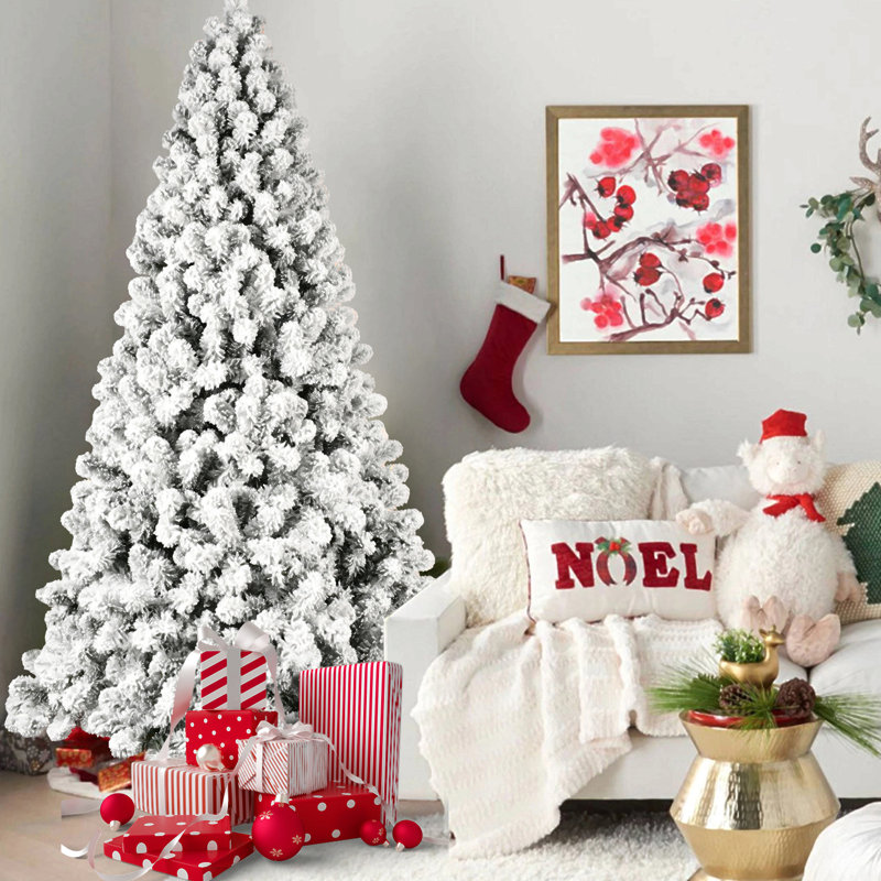 Arbre de Noël floqué pré-éclairé avec lumières blanches chaudes, pointes en PVC, fil mémoire dépliable automatiquement, support facile à assembler et support en métal stable - décor des Fêtes enneigé