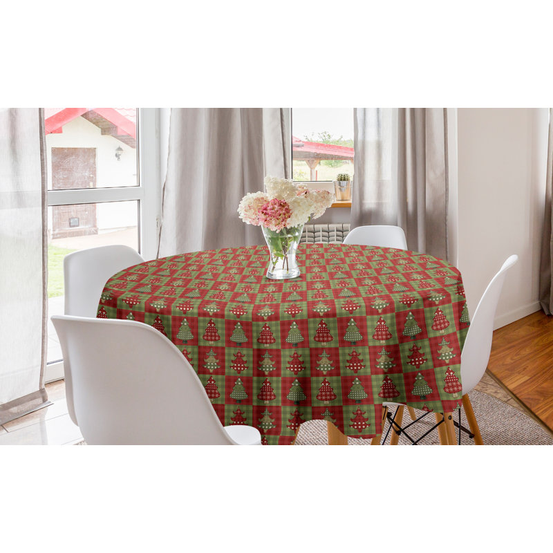 Ambesonne Christmas Round Tablecloth, Different Styled Noel Trees On Checkered Squares Background Vintage Quilt, Circle Table Cloth Cover For Dining Room Kitchen Decoration, 60", Ruby Reseda Green