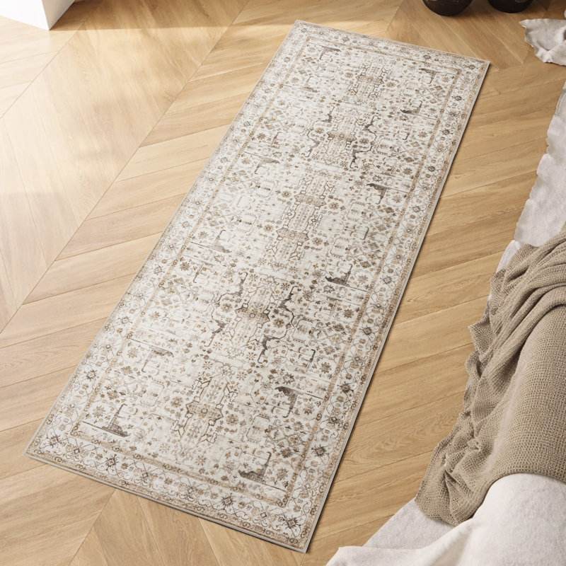 Machine Washable Vintage Oriental Area Rug Non-Slip Backing Beige/Brown Indoor Carpet for Living Room, Bedroom, Hallway Runner