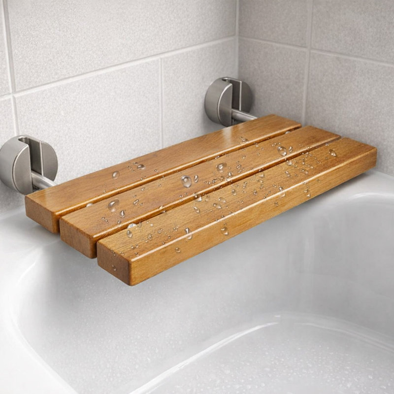 Banc de douche mural en teck de 20 po, siège de douche pliable peu encombrant avec structure en nickel brossé