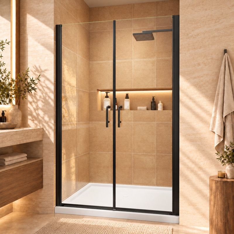 Porte de douche pivotante double sans cadre de 117 à 122 cm de largeur x 183 cm de hauteur, avec ouverture intérieure et extérieure à 180°, charnières à assistance de levage et verre trempé SGCC de 6 mm d'épaisseur.