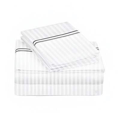 400TC Double Embroidery Sateen Stripe Cotton 4 Piece Sheet Set Fitted Sheet Fits Upto 16" Deep Pocket