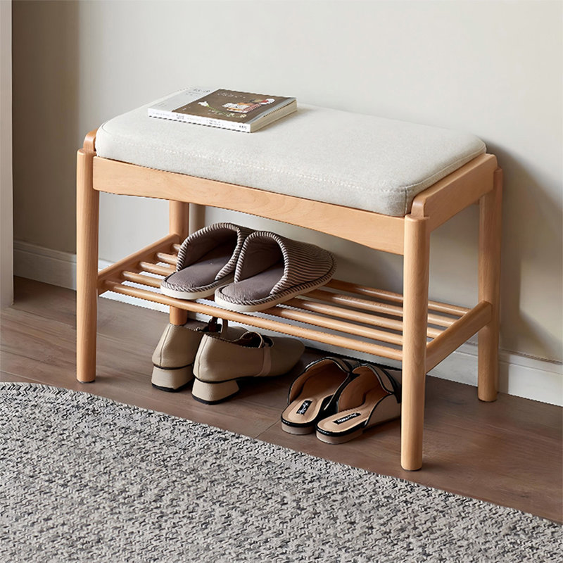 Banc en bois massif rembourré 100% polyester crème de couleur crème, H 16,54 po x l 23,62 po x P 11,81 po