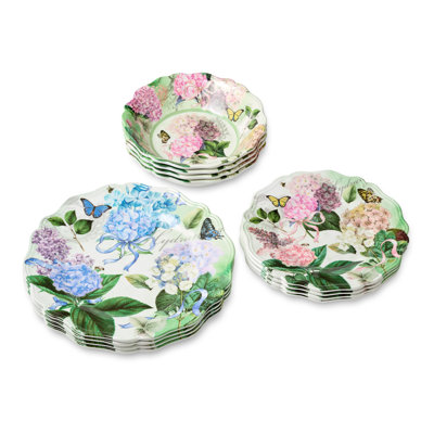 Certified International Garden Path 12-piece Melamine Dinnerware Set – Elegant Hydrangea Floral Design – Service For 4 With  In Blue;black;white;green;orange;purple