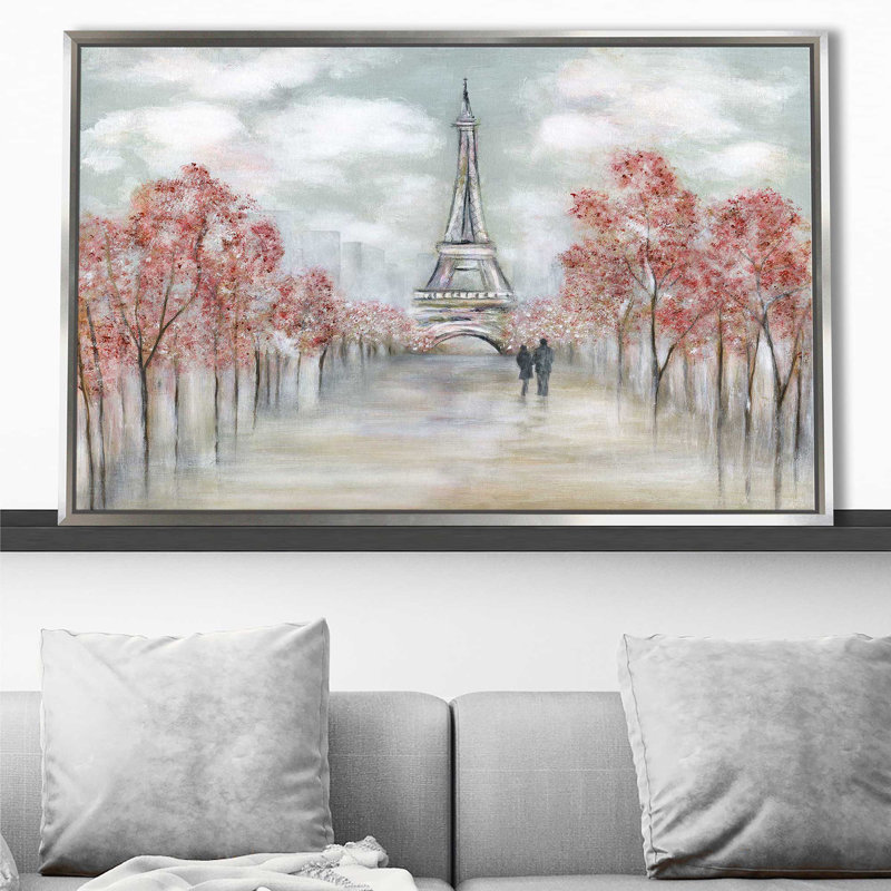Paris au printemps par - Peinture, Cadre flottant argent, H 27,5 po x l 43,5 po x P 2 po