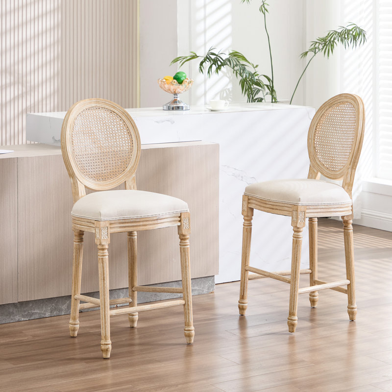 Chaises de bar rembourrées de style champêtre français de 26 po de hauteur, de 2, avec dossier, techniques de sculpture et de tréfilage, lin en coton doux, structure en bois massif, pour restaurant, beige avec rond naturel