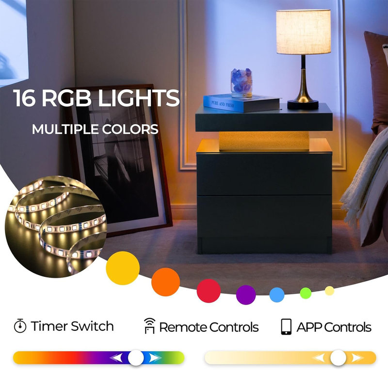 Black Modern LED Nightstand Set with 2 Drawers