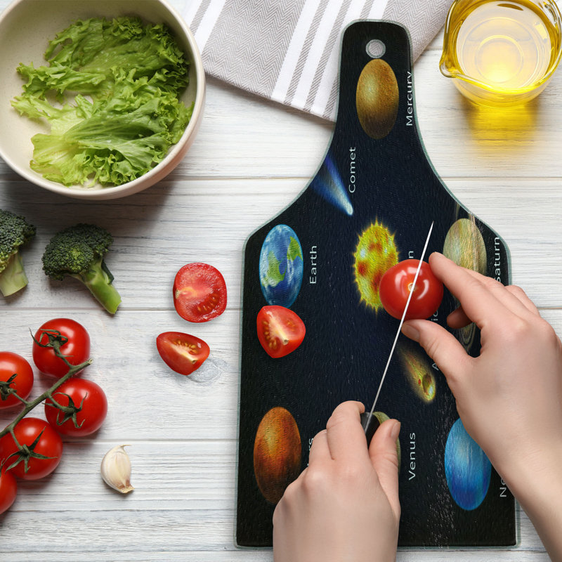 Multicolor Tempered Glass Cutting Board with Space Planets Design