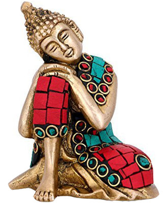 Statue de Bouddha en laiton avec incrustation de turquoise et de corail, figurine assise de 4 po, méditation bouddhiste tibétaine pour l'autel et le salon