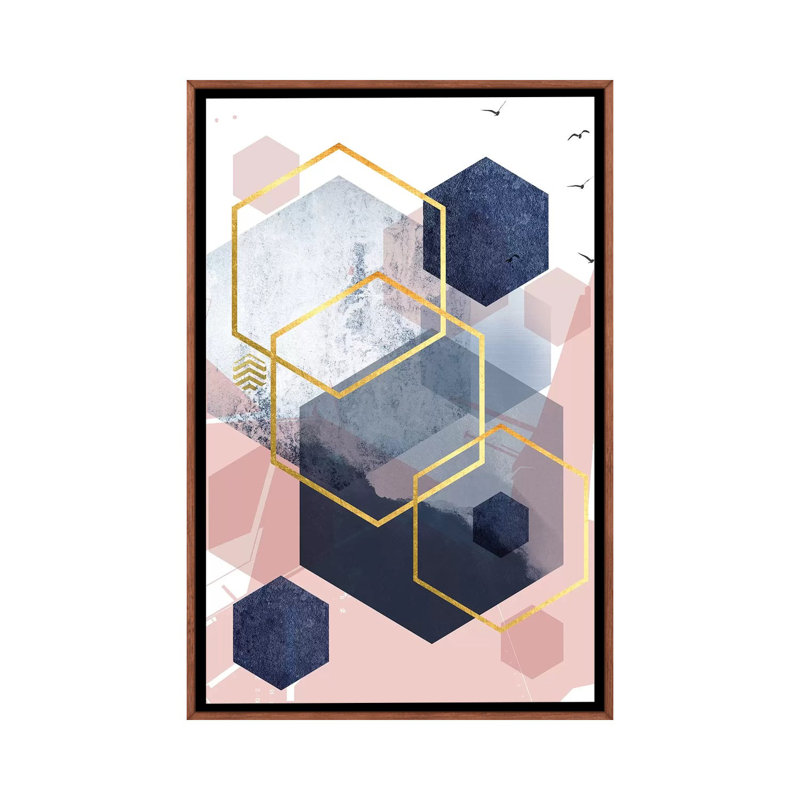 Abstract Navy Blush Gold I by Urban Epiphany - Print on Canvas, Classic Brown Wood Framed, 66.04 cm H x 45.72 cm W