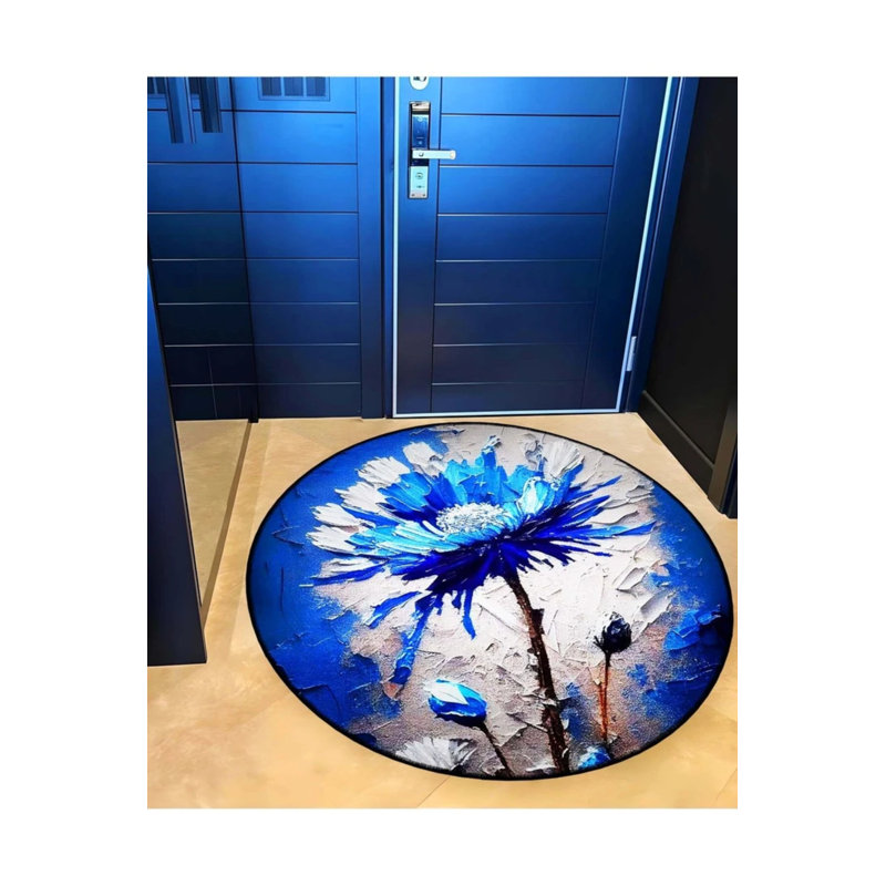 Tapis décoratif moderne bleu et blanc à base de peinture à l'huile, Rond 5 pi