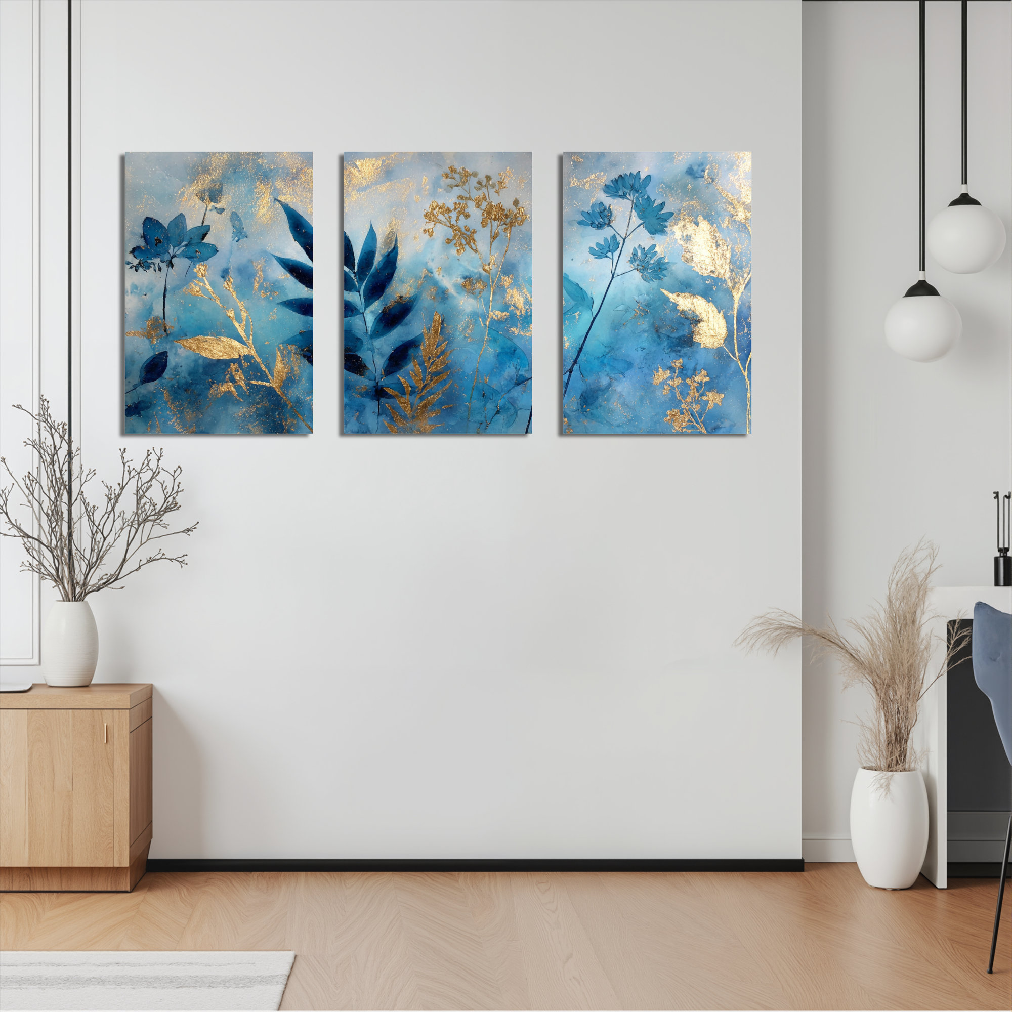 Winston Porter Blue and Gold Floral Abstract Canvas Wrapped Wall Art ...