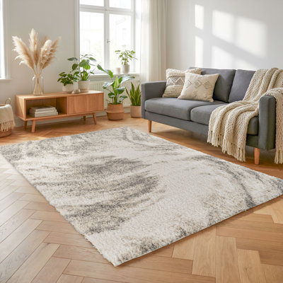 Tapis moderne à poils longs abstrait beige et gris, lavable
