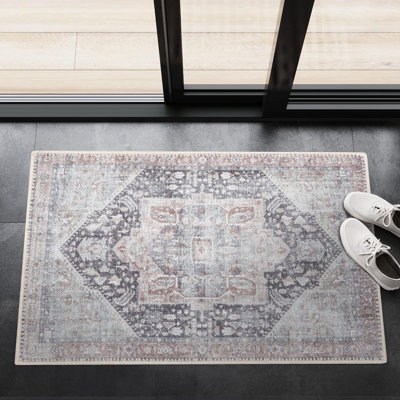 GLN Rugs Collection Vintage - tapis lavable à la machine, tapis lavable rétro, tapis antidérapant, tapis de salon à poils courts, tapis de chambre à coucher, tapis de salle de bain - facile à nettoyer (tapis brun et gris)