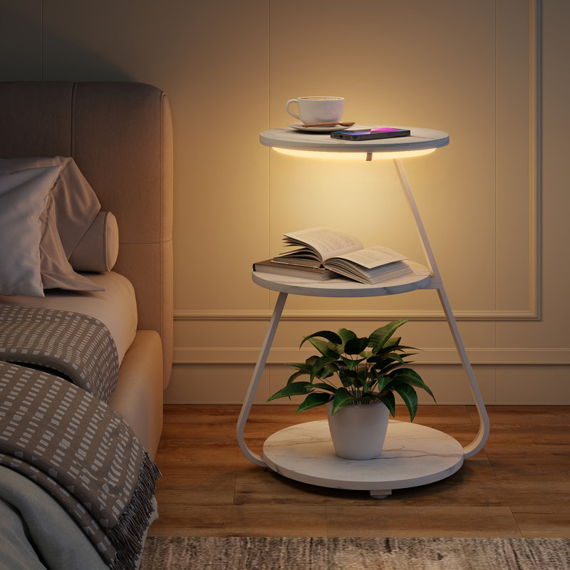 LED Light, Bedside Table End Table With 3 Shelf, 34cm Desktop Side Table, White
