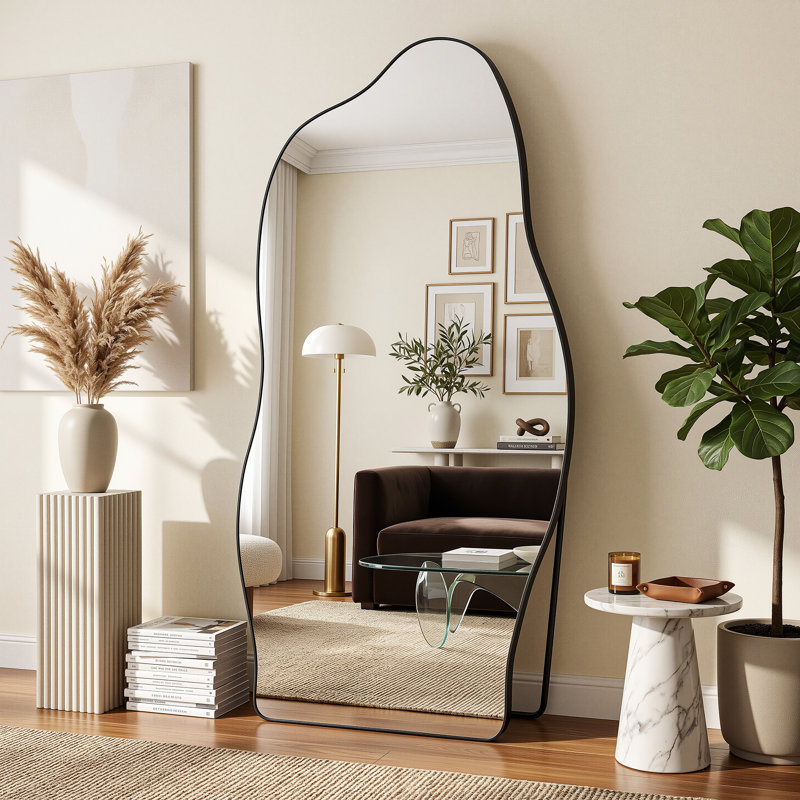 Miroir sur pied asymétrique pleine longueur avec support, miroir suspendu/inclinable en forme de nuage ondulé, idéal pour chambre, salon ou entrée.