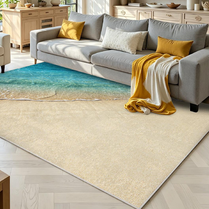 Blue Soft Wave Ocean Sandy Beach Sand Sea Aqua Calm Coast Machine Washable Indoor Area Rug, Rectangle 71" x 98"