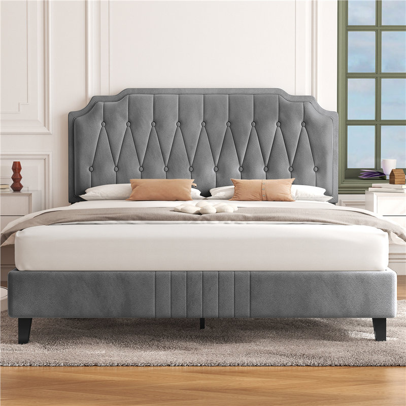 Upholstered Bed Frame with with Diamond Button-Tufted Headboard, Light Grey, Double (4'6)