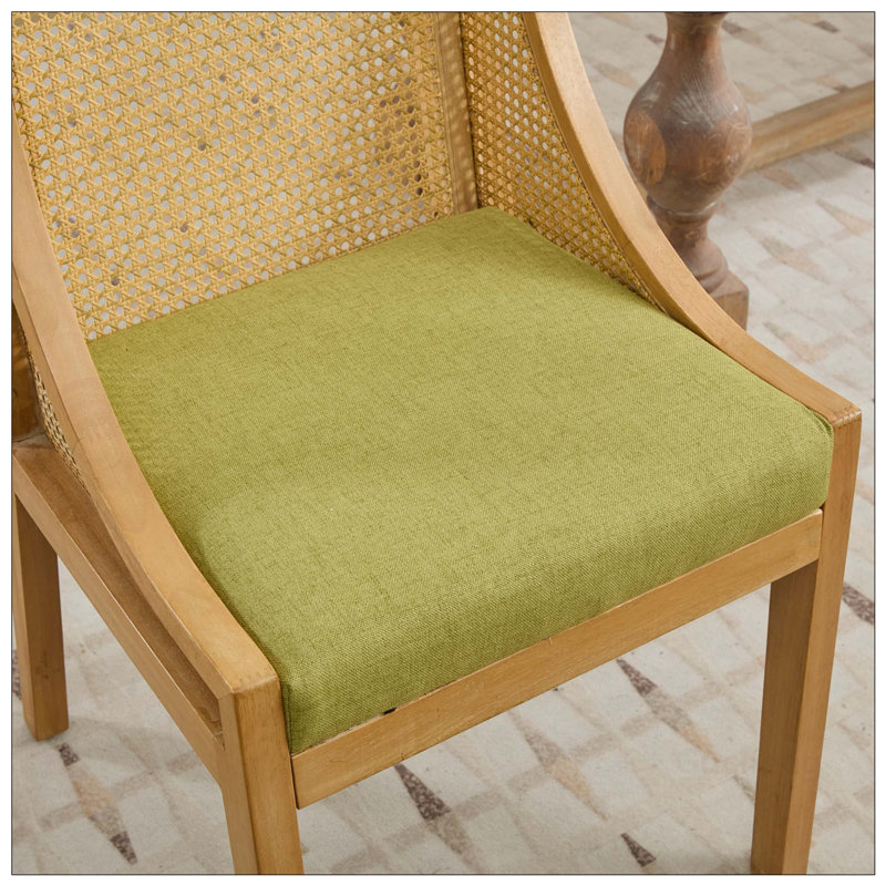 Dining Chair Solid Wood Frame with Decorative Armrests, Linen Upholstered Seat, Rustic Wooden Style for Various Rooms, Green