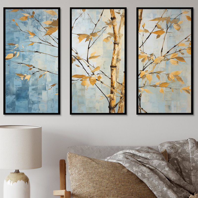Or et bleu bambou V - ensemble d'art sur toile en bambou, H 28 po x l 36 po x P 1 po, Cadre flottant noir
