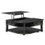 Table basse gris anthracite avec plateau relevable, tiroir et tablettes ouvertes