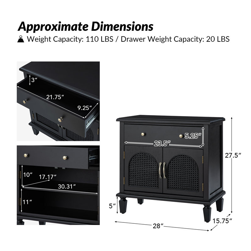 Dyals Traditional 28"W End Table Design Rattan Cabinet Doors with Built-in Power Outlet and Adjustable Shelf, Black