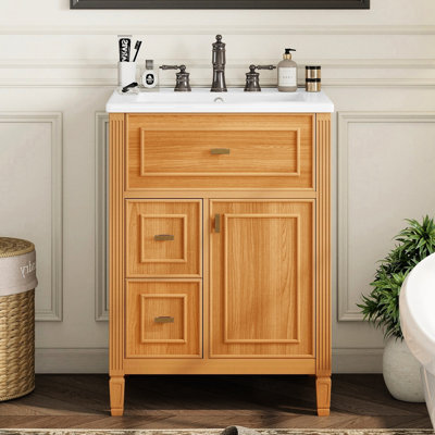 Meuble-lavabo de 24 po avec lavabo simple, conception moderne autoportante en bois massif, un tiroir rabattable, deux tiroirs, une tablette réglable, pour une plomberie facile, un lavabo en céramique lisse, des poignées en métal doré,