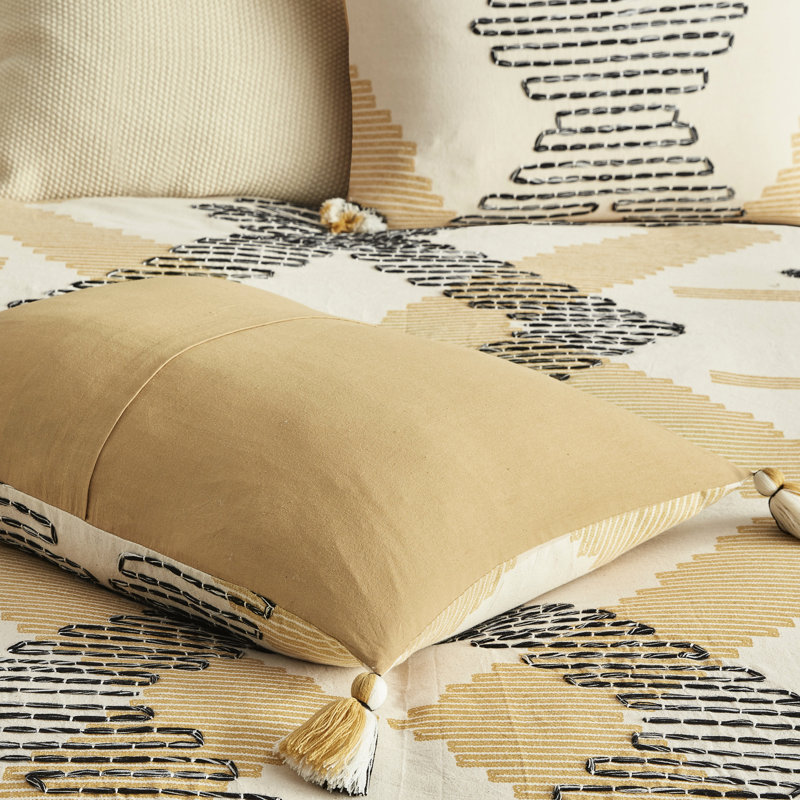 Housse de couette 3 pièces double / grand, 100% coton jaune gris géométrique, broderie torsadée, fermeture à boutons, 4 attaches de coin, literie lavable
