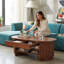 Table basse ovale cannelée de style moderne du milieu du siècle avec tiroirs de rangement, plateau en verre trempé, table basse en bois à 2 niveaux