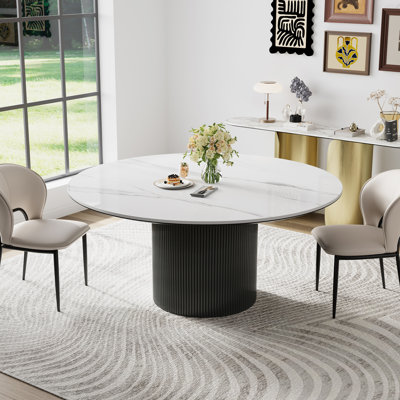 Table de salle à manger 59 po ronde moderne pour 6-8, plateau en pierre frittée brillante, blanc