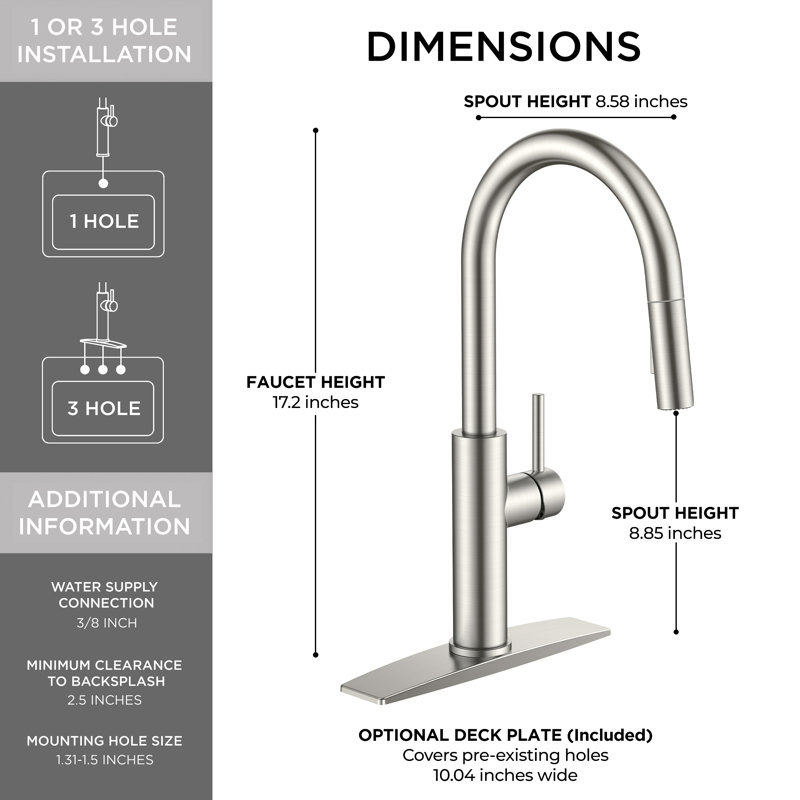 Kitchen Faucet With Pull Down Sprayer, Stainless Steel, Without Soap Dispenser