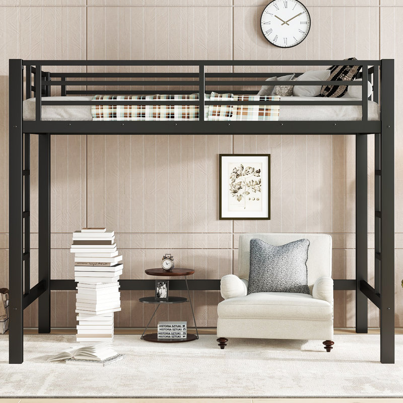 Twin Size Size Metal Loft Bed with Ladder & Guardrails, Black, Space-Saving & Durable, Twin