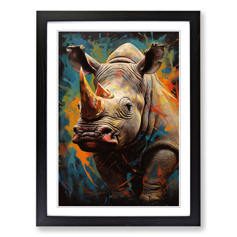 Rhino Hard Edge - Single Picture Frame Print on Wood, 64cm H x 46cm W x 2cm D, Black