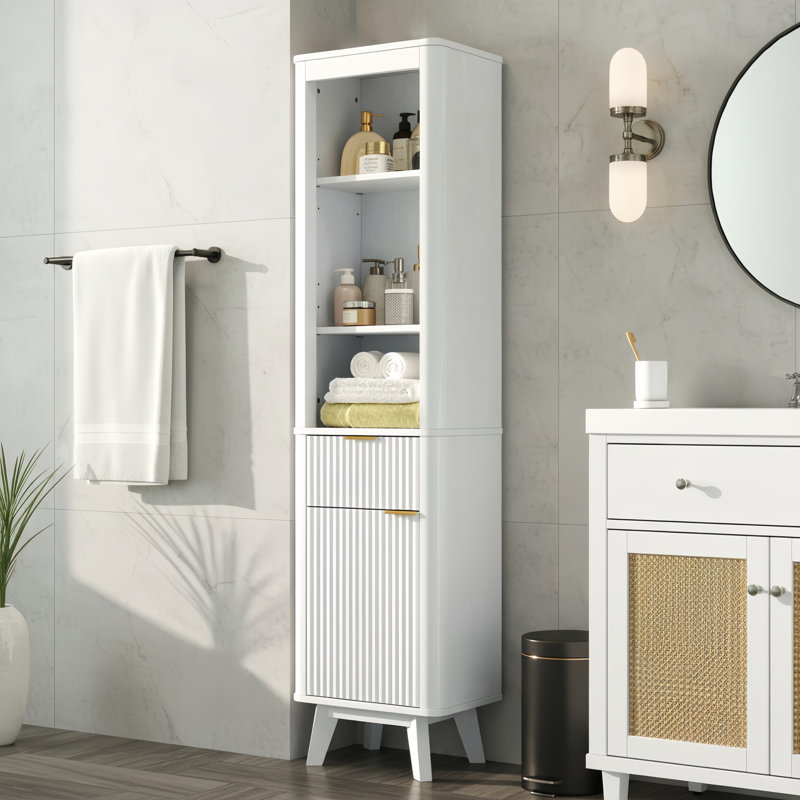 Freestanding Tall Bathroom Storage Cabinet,Slim Cabinet with Adjustable Shelves and Soft-Closing Door Hinges, White