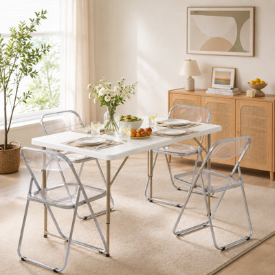 Adjustable Height Folding Table & 4 Clear Acrylic Folding Chairs Set, Portable Foldable Dining Set, Space Saving Indoor Kitchen Party Banquet Picnic Furniture Set