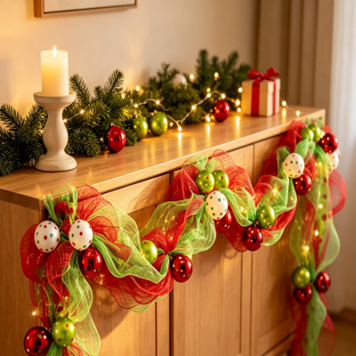 Christmas Theme Decor Mesh with Hanging Ball Ornaments & Ribbons, Red Green Polka Dot Design, Festive Decor for Front Door, Porch, Stair Railing, Fireplace, Garland Wreath Accessory for Holiday Xmas Decorations（4 in total）