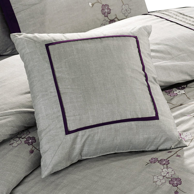 Miki Cherry Blossom Embroidery Comforter Set, Purple/Gray, Queen Comforter + 2 Standard Shams