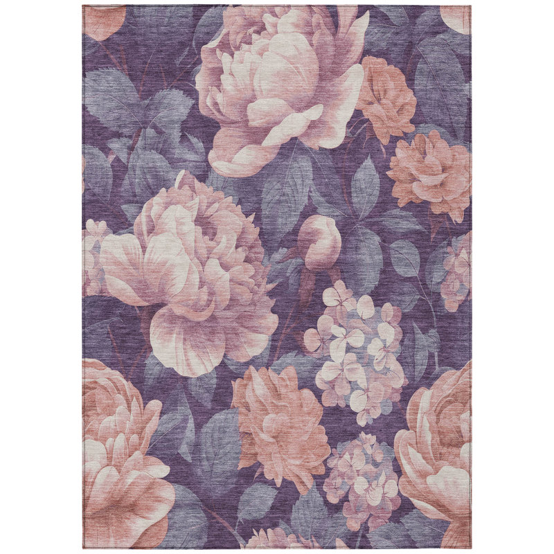 Floral Red and Purple Synthetic Washable Area Rug 3' x 5'