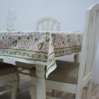 Pastel Vine Table Cover – Hand Block Print in Soft Peach and Green Tones