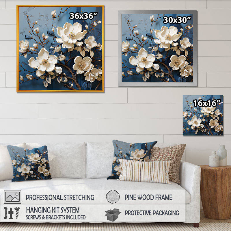 «Blue and White Magnolia Blooming I - Magnolias», reproduction sur toile, H 36 po x l 36 po x P 1,5 po, Cadre doré simple
