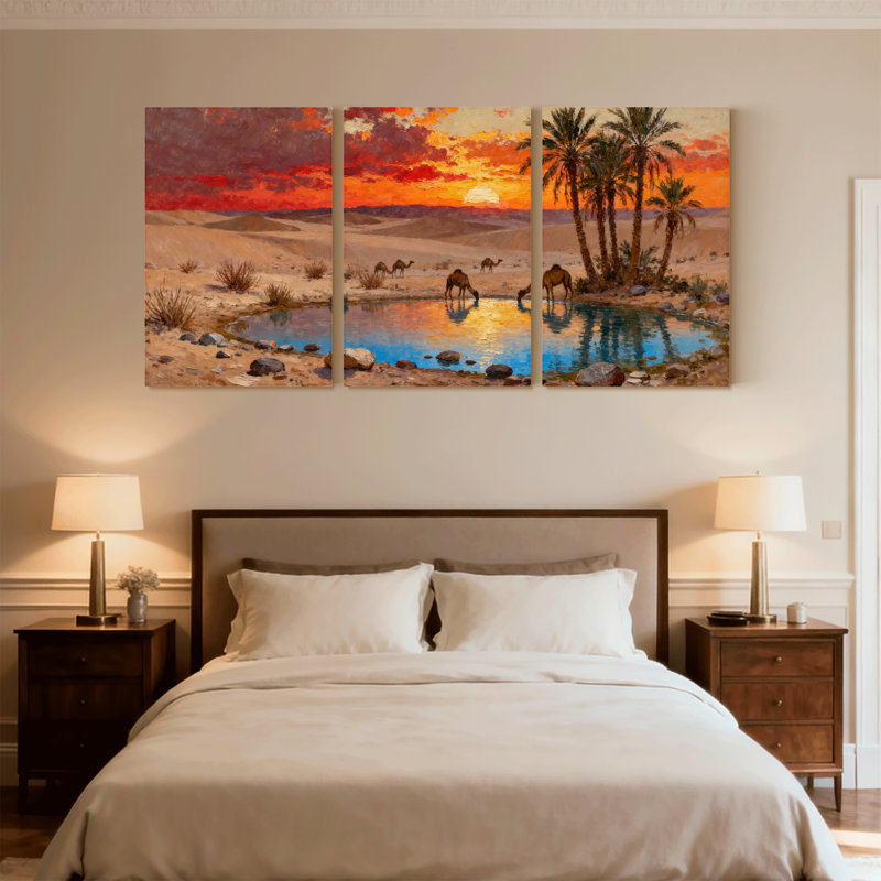 Scène et paysages urbains désert oasis coucher de soleil chameaux palmiers reflet ciel ensemble de 3 impressions d'art sur toile