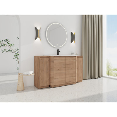 60'' Bathroom Vanity With White Ceramic Sink And 2 Small Storage Cubicles - Plywood Base, Modern Style Spaces Scratch- Surface, Adjustable