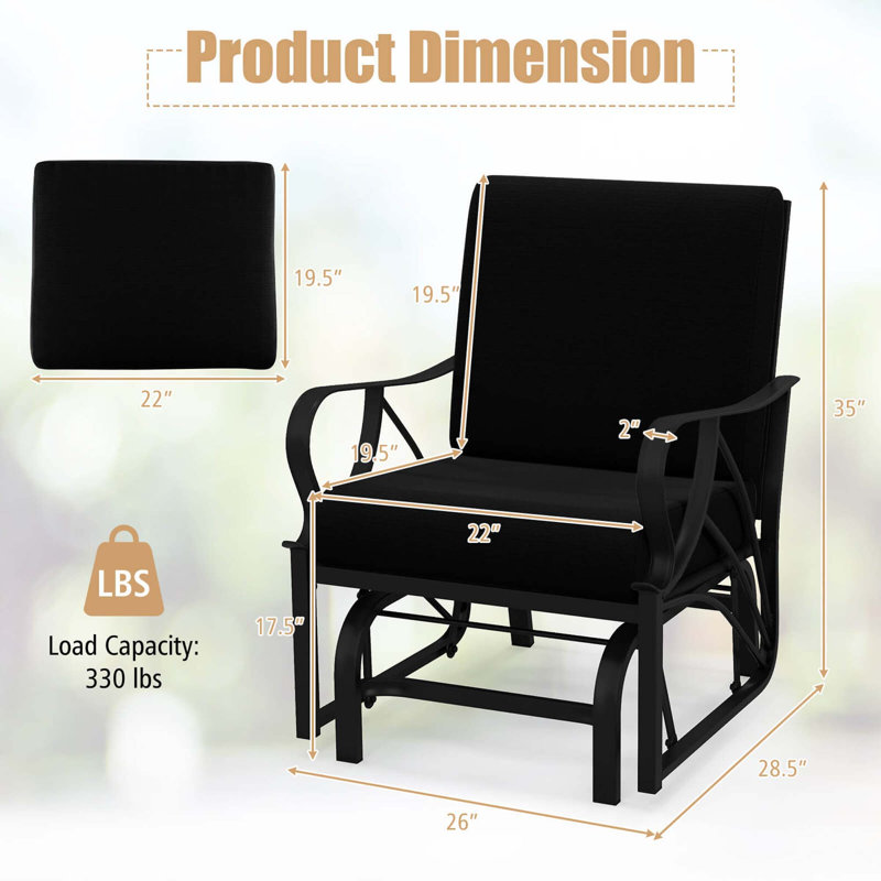 Chaise berçante de patio avec coussin, Noir, noir, noir, noir