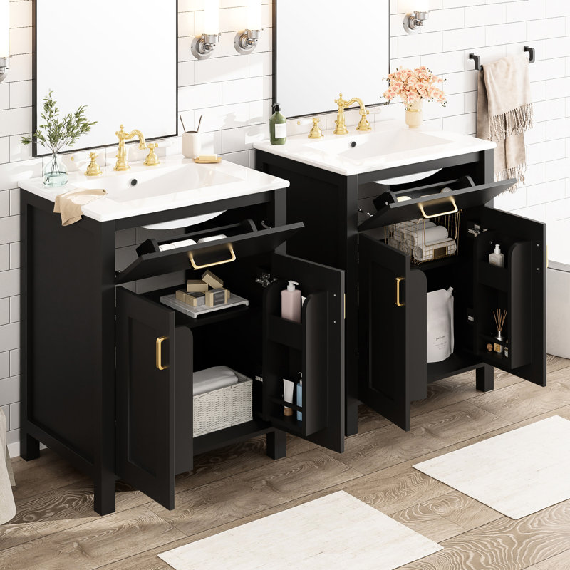 Meuble-lavabo moderne de 122 cm (48 po) avec deux lavabos en céramique, fermeture amortie, tablette en U réglable et poignées dorées esthétiques.