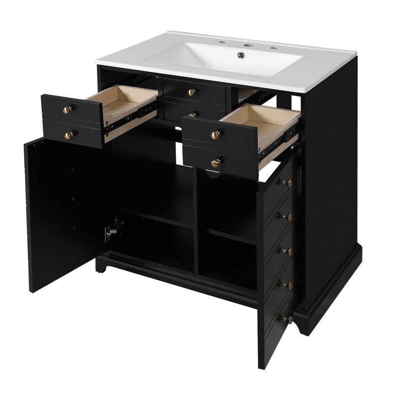 Ensemble de meuble-lavabo 30 po avec lavabo en céramique, cadre en bois massif, ensemble autoportant avec 2 tiroirs et portes à fermeture douce, noir