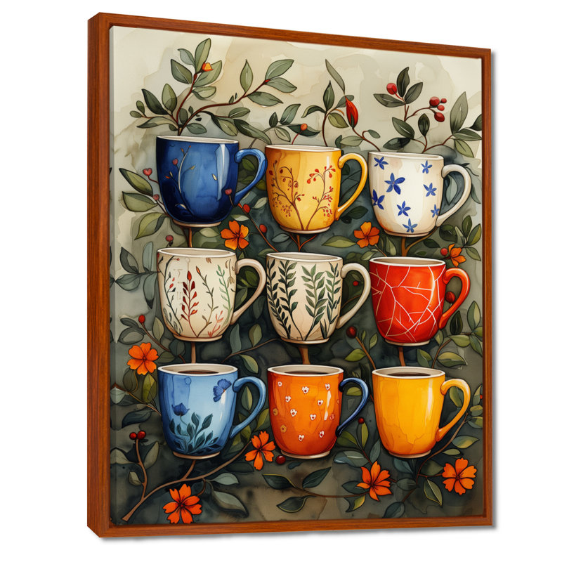 Tasse de café rouge et bleu Boho Morning - décor mural café, Cadre flottant brun, H 30 po x l 40 po