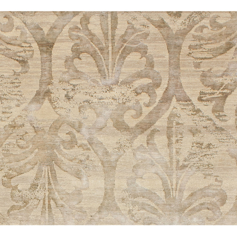 Hand Knotted Damask Area Rug in Green/Amber, Rectangle 8' x 10'
