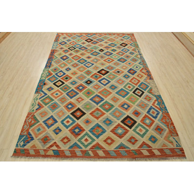 Tapis unique vert / bleu / orange de 6 pi 9 po x 9 pi 10 po