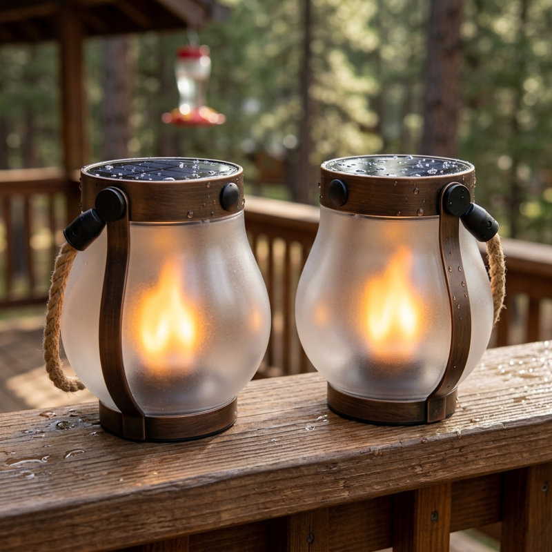 Lanternes solaires d'extérieur imperméables et effet de feu FoxFlame Schoolhouse | Paquet de 2, lanterne solaire extérieure, lumières solaires suspendues pour l'extérieur, idéale pour le porche, le patio, le jardin, la table ou un présentoir suspendu